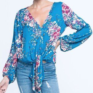 Lovestitch Gypsy Blue Floral Bloom Print Front Tie V-Neck Lightweight Blouse
